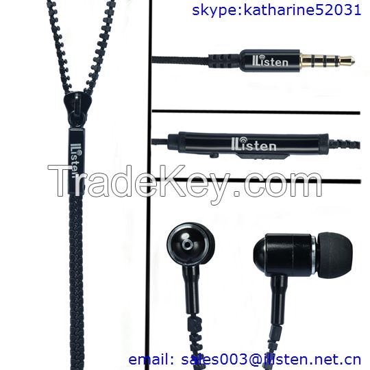 New fashion zipper earphone with mic and volume control