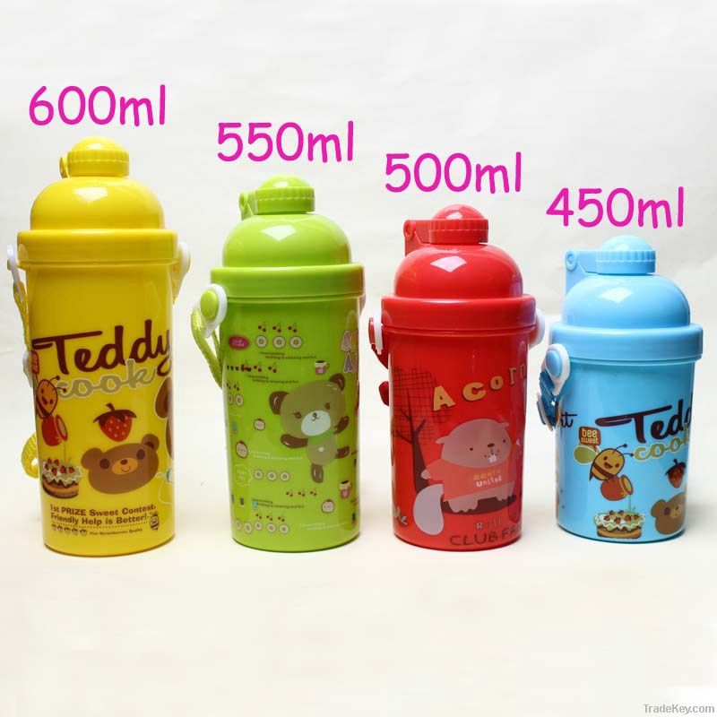 Plastic water bottle for children with a straw