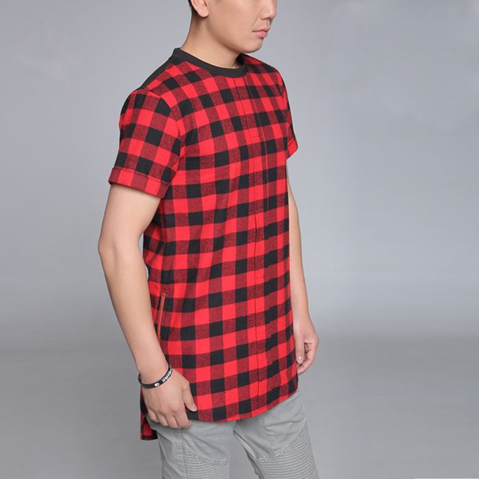 Hot sell new style men checked t-shirts with zipper details 