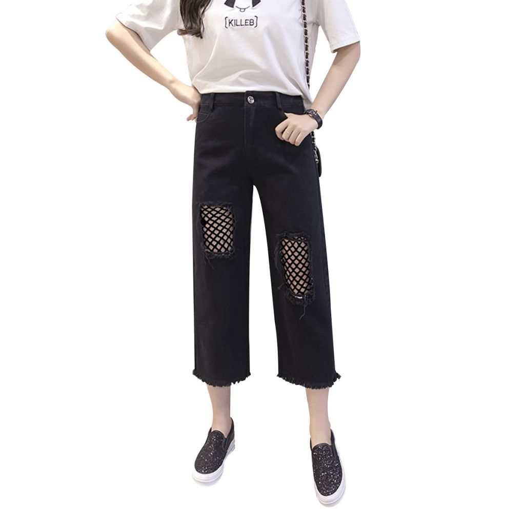 Fashion nine points cropped black grenadine cutting blank casual ladies pants trousers