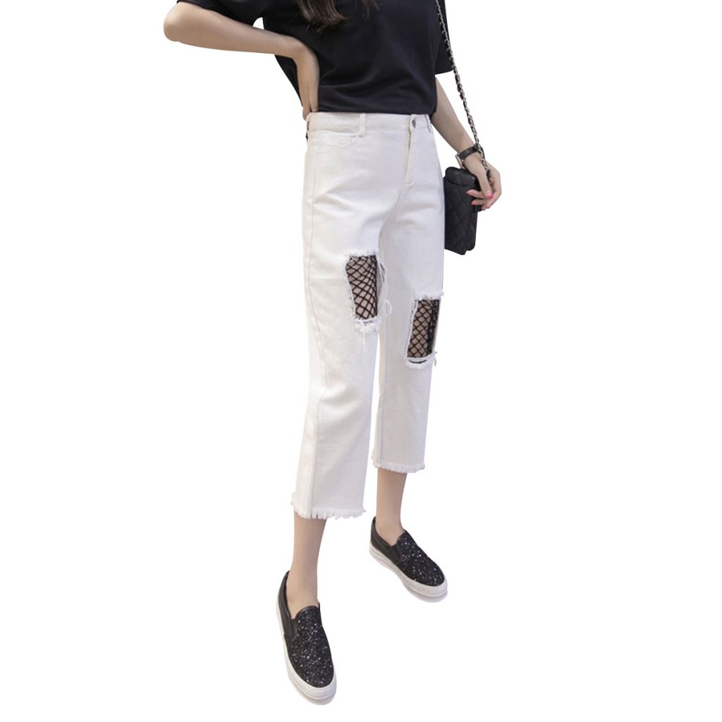 Fashion Nine Points Cropped Black Grenadine Cutting Blank Casual Ladies Pants Trousers