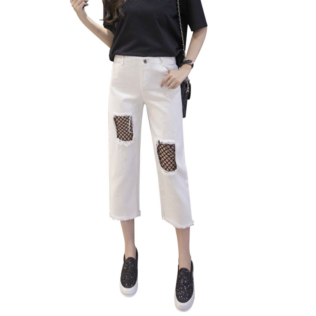 Fashion Nine Points Cropped Black Grenadine Cutting Blank Casual Ladies Pants Trousers