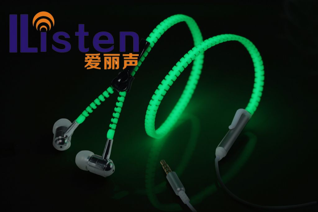 headphone with zipper glowing zipper earphone with mic