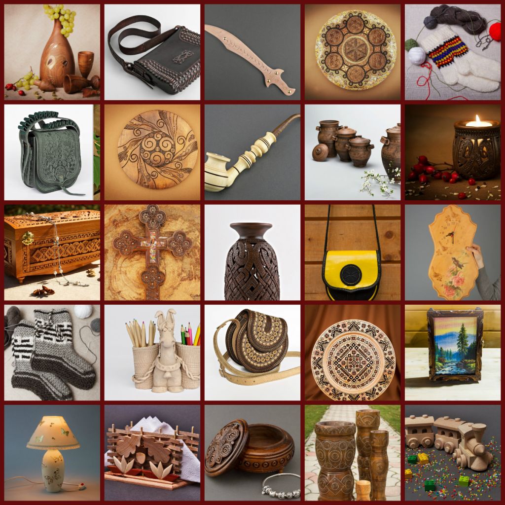 100% Ceramics, wood crafts, clay, metal, leather, vintage, wool, beads.