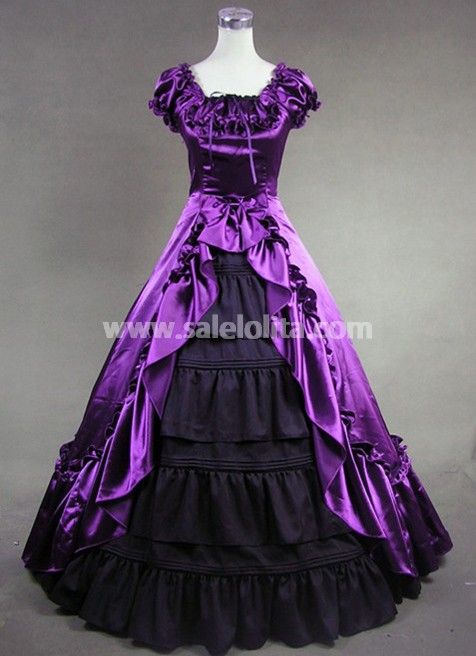 New Attractive Purple And Black Short Sleeve Victorian Dress For Sale