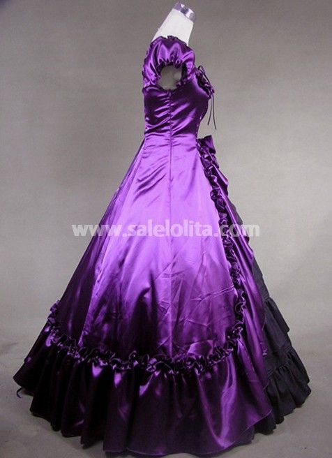 New Attractive Purple And Black Short Sleeve Victorian Dress For Sale