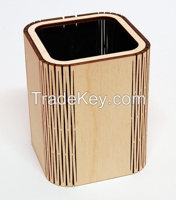 Laser cut wooden cylindrical writing utensil holder 