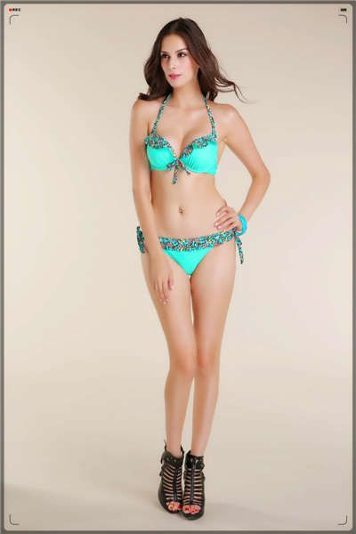 ladies solid green color swimwear with lace swimsuit bikini