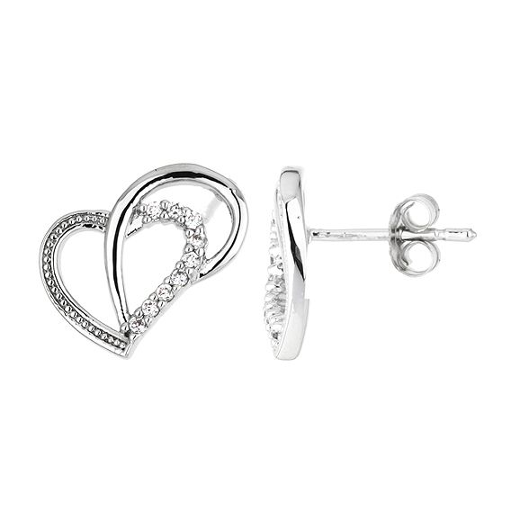 Sterling Silver Heart Design White Cubic Zirconia Stud Earrings