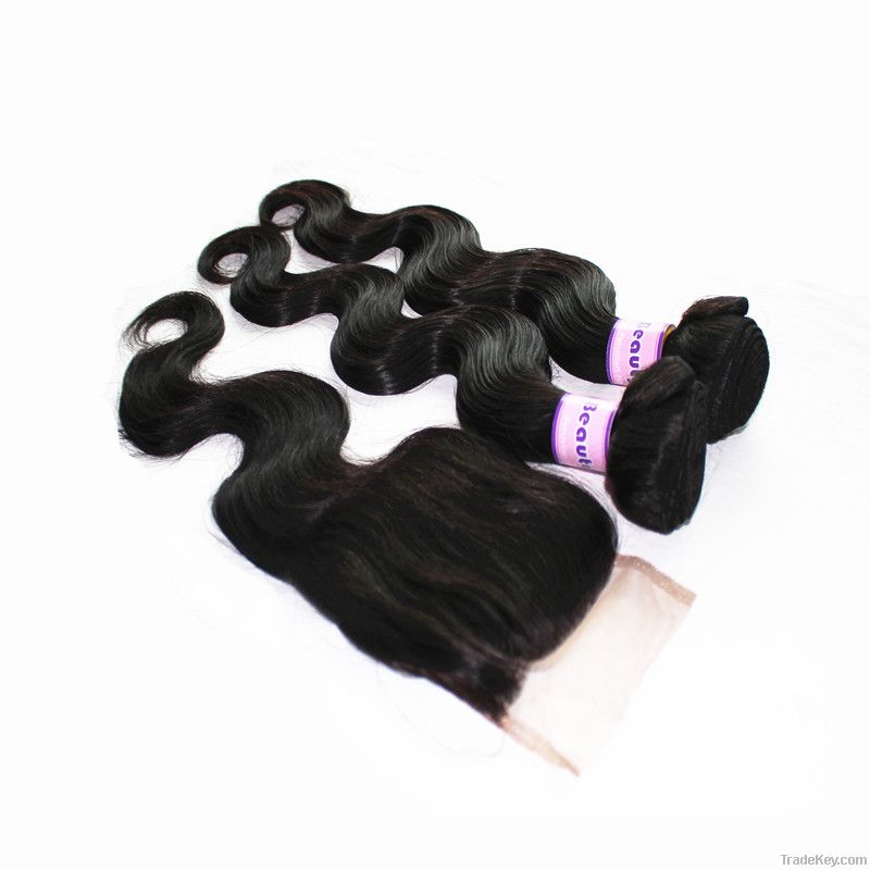 100% Virgin Hair Body Wave 1pc Lace Closure With 2 Bundles hair weave