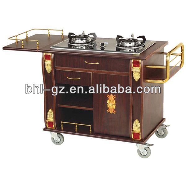  Luxury Cooking Cart/ Solid Wood Hotel Food Flambe Trolley With Double Gas Stoves