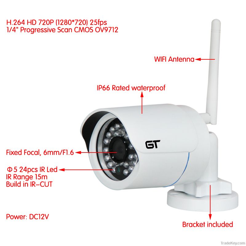 GT View 1.0 Megapixel HD Network Mini Wifi IR-Bullet IP Camera