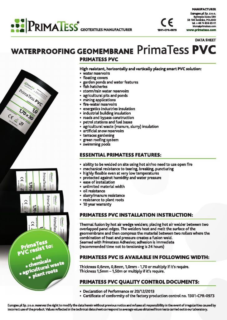 PVC waterproofing insulation geomembrane PrimaTess ; polypropylene and polyester non-woven geotextiles