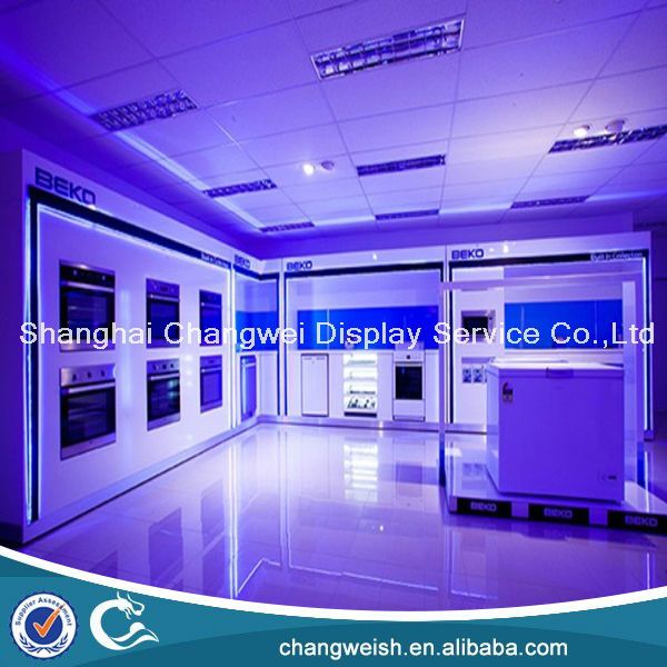 TV display furniture for shopping mall , white shopfitting for electronics