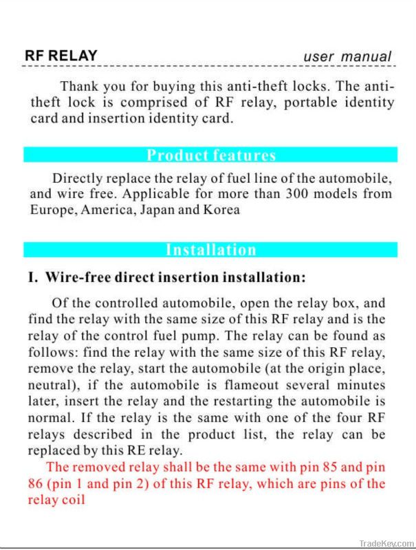 RFID relay car alarm transponder immobilizer