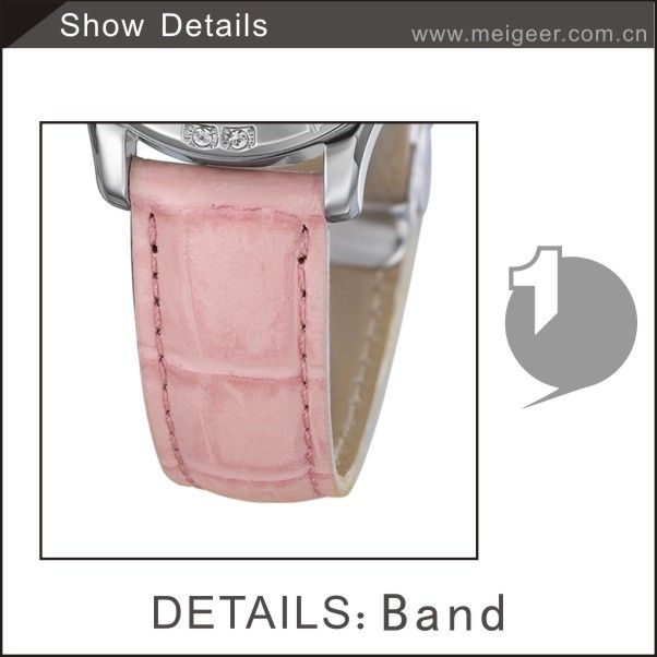 All Stainless Steel Beautiful Shell Surface Diamond Pink Leather Women Wrist Watch