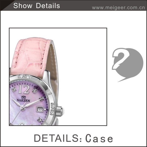 All Stainless Steel Beautiful Shell Surface Diamond Pink Leather Women Wrist Watch