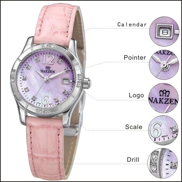 All Stainless Steel Beautiful Shell Surface Diamond Pink Leather Women Wrist Watch