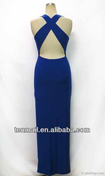 Blue deep V-neck sleeveless evening Prom dress