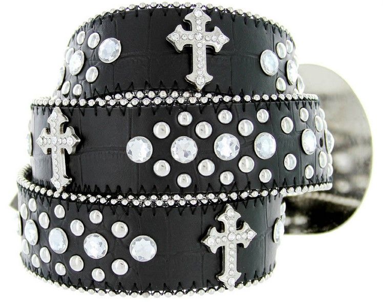 Fashion women black cross PU bling rhinestone belt