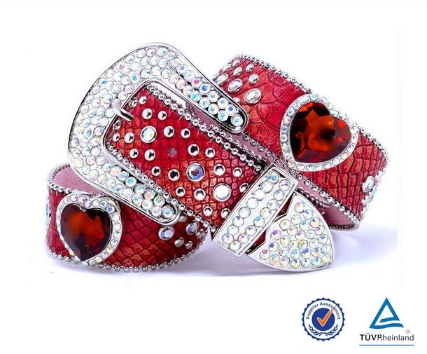 2014 Fashion western womens shining heart jewel crocodile embossed PU rhinestone belt