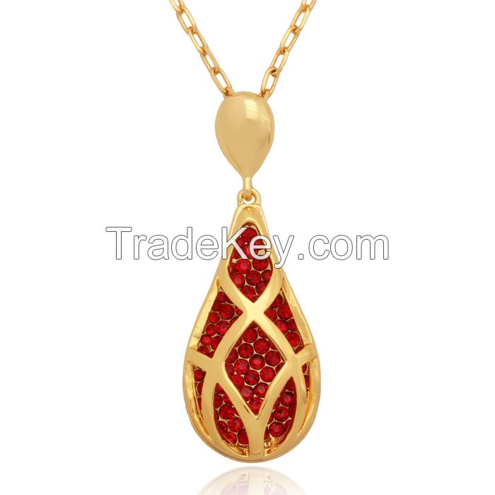Luxury Red Rhinestone Water Drop Full Crystals New Gold Plated Pendant Necklace