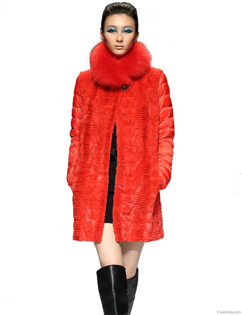 mink long coat with down feather sleeves fox collar