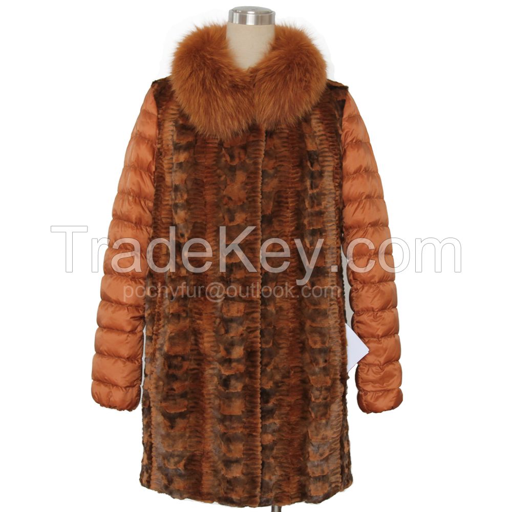 mink long coat with down feather sleeves fox collar