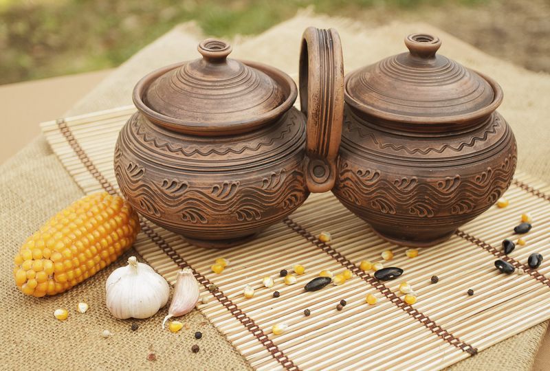 Ceramic pot set of two pots made of red clay.