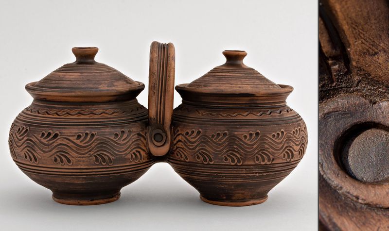 Ceramic pot set of two pots made of red clay. 