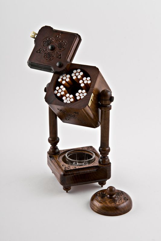 Wooden cigarette smoking set with ashtray and cigarette box. 