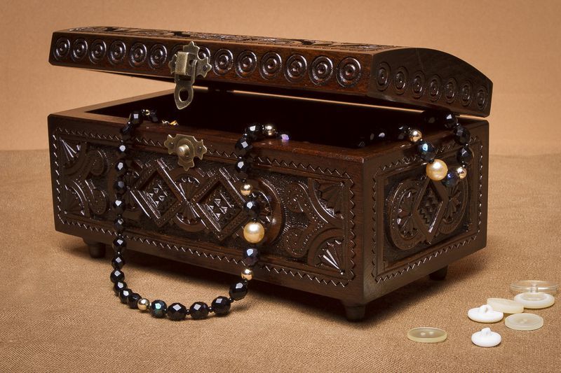 Hand carved wooden jewelry brown box.