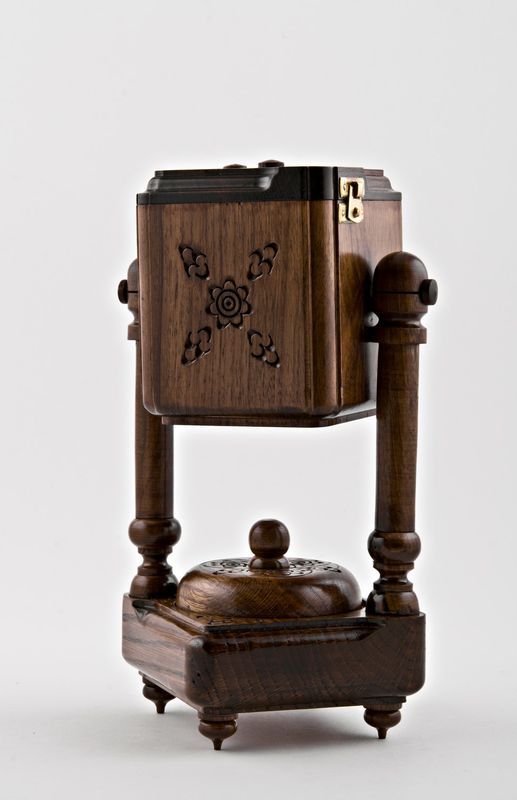 Wooden cigarette smoking set with ashtray and cigarette box.