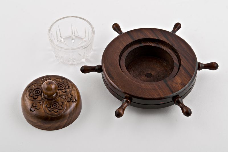 Wooden table ashtray with glass tray. 