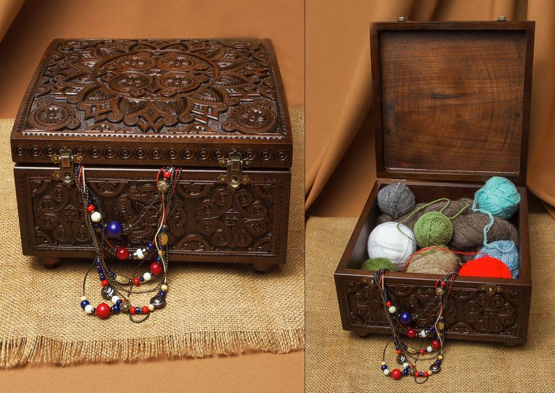 Carved wooden box for needlework