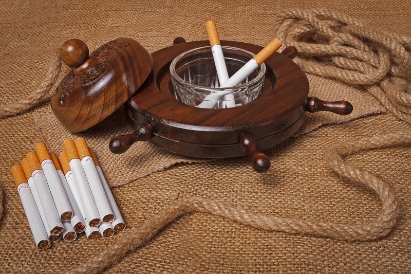 Wooden table ashtray with glass tray.