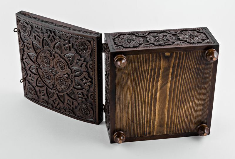 Carved wooden box for needlework