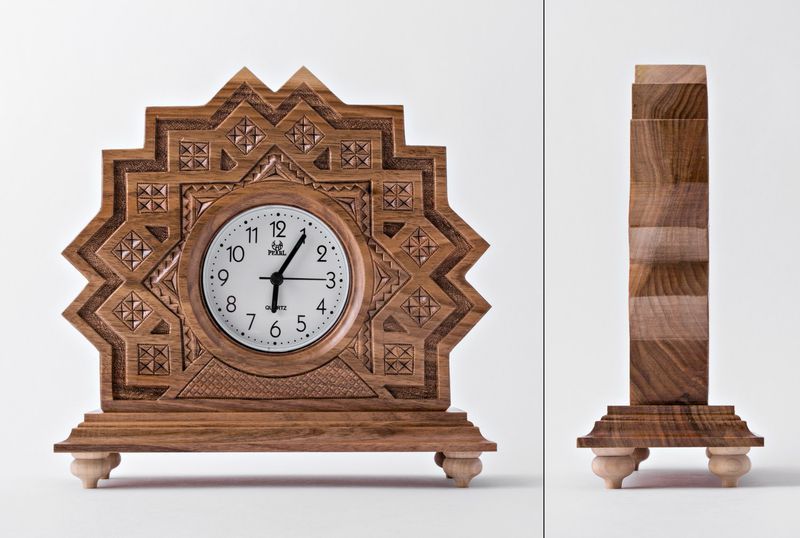 Desk wooden clock with hand carved pattern.