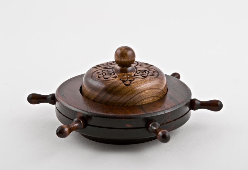 Wooden table ashtray with glass tray. 