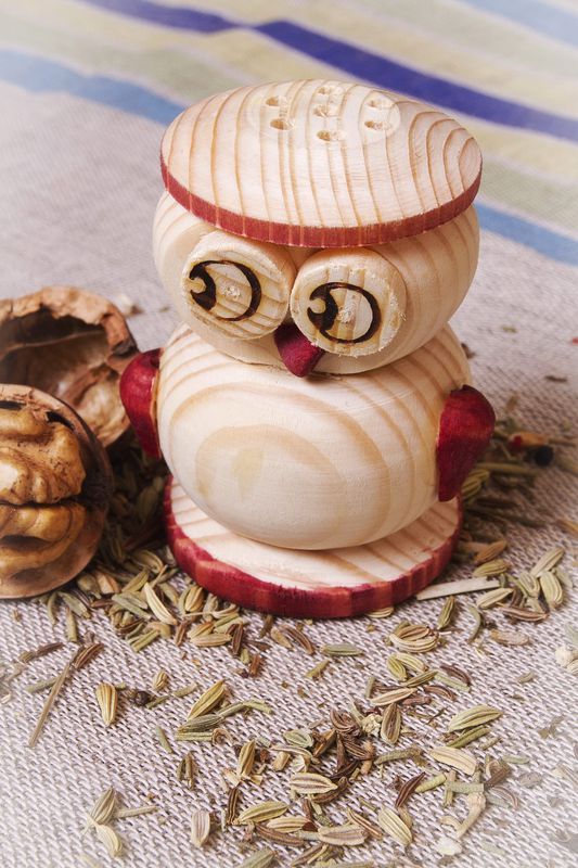 Wooden salt shaker in the form of a owl.