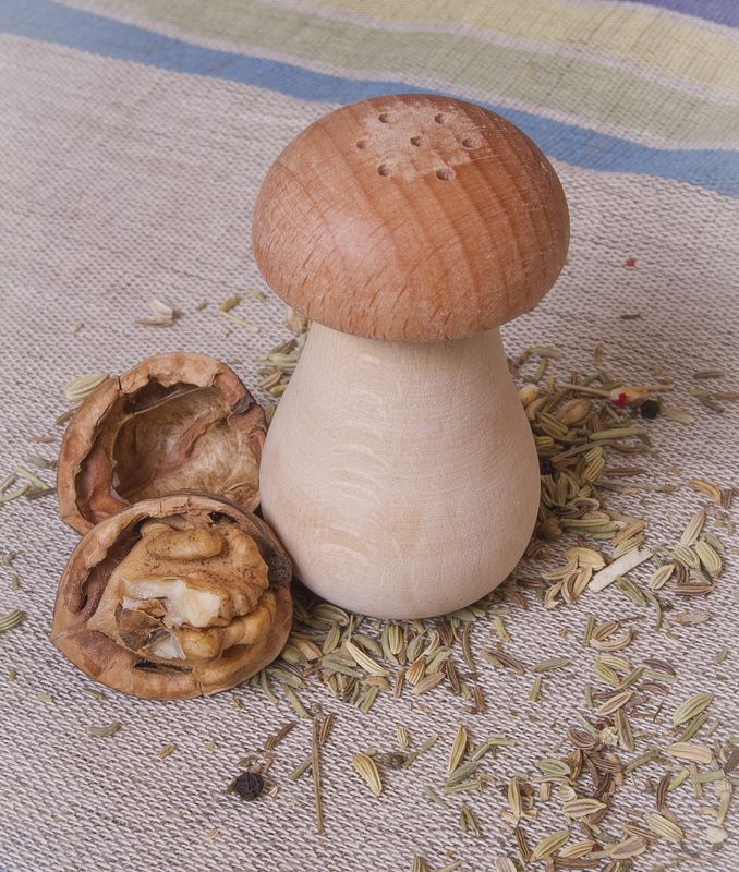 Wooden salt shaker made by hands in the form of a mushroom.