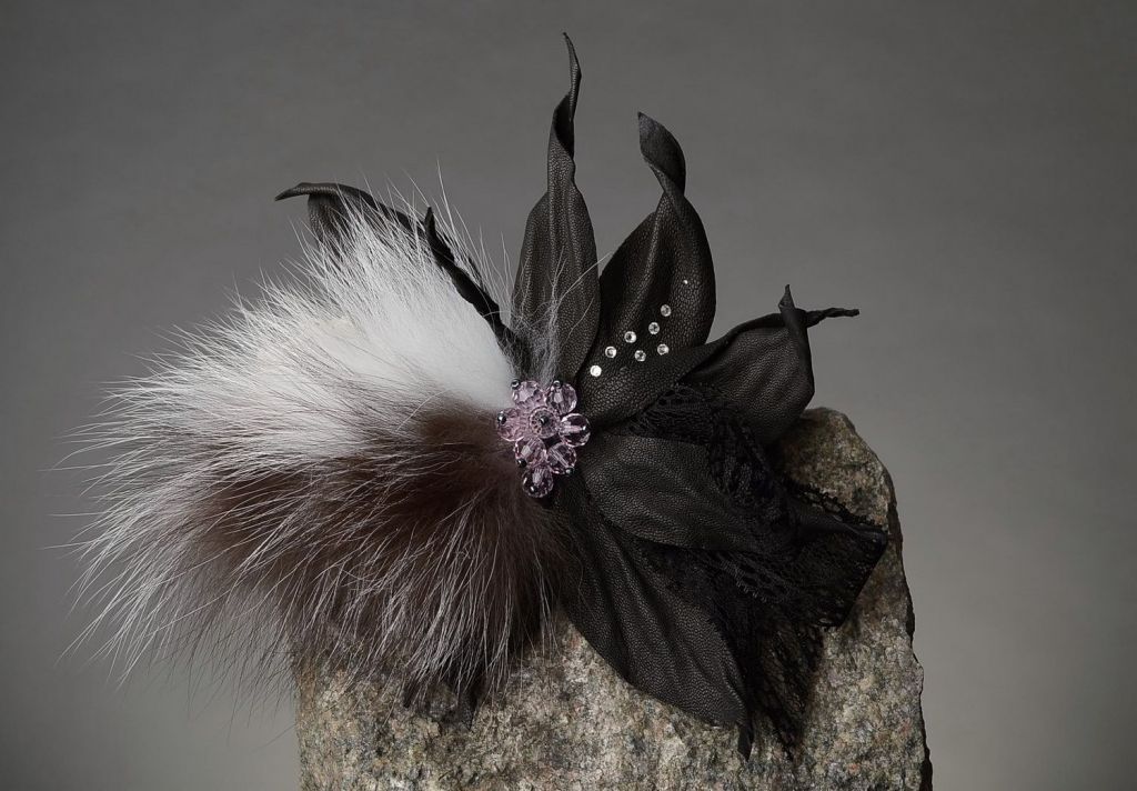 Leather brooch with fur, lace, beads "Leather chic"