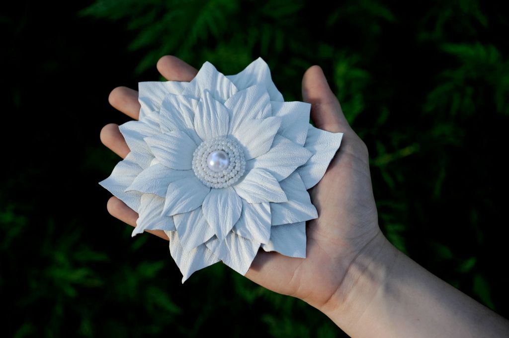 Handmade leather flower brooch