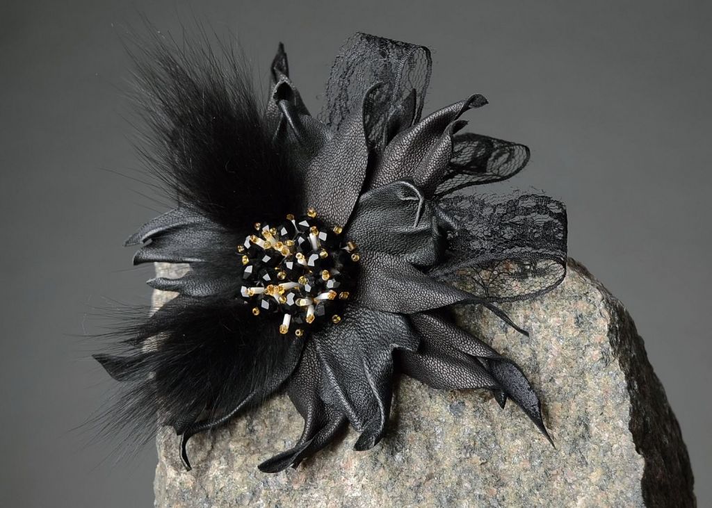 Brooch made from leather, beads, fur "Mysteriousness"