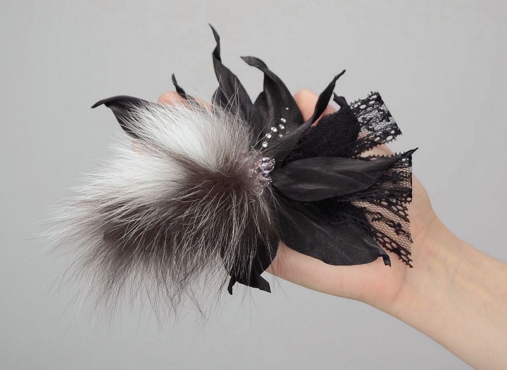 Leather brooch with fur, lace, beads "Leather chic"