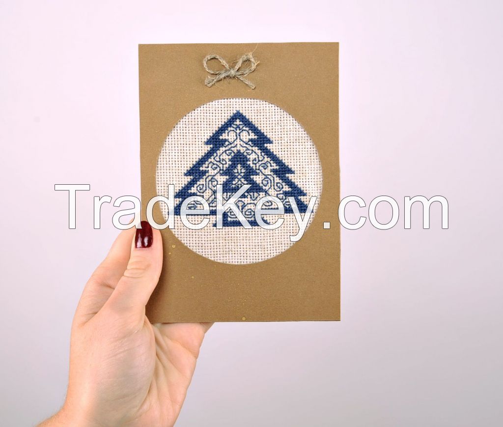 New Year s post card with embroidery "Christmas Tree"