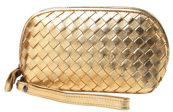 golden woven leather cosmetic organizer bag for lady
