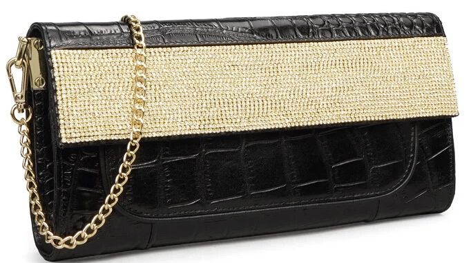 croco embossed leather evening clutch bag with shining stones