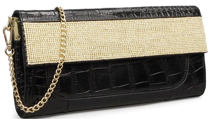 Croco Embossed Leather Evening Clutch Bag With Shining Stones