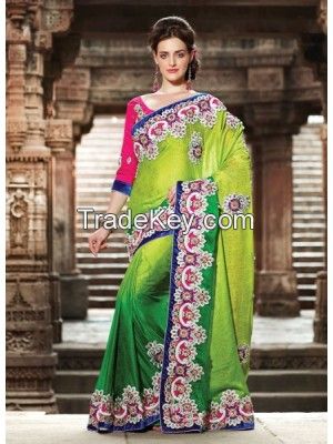 APPAREL DESIGNER GREEN SHADED CREPE PARTY WEAR SAREE